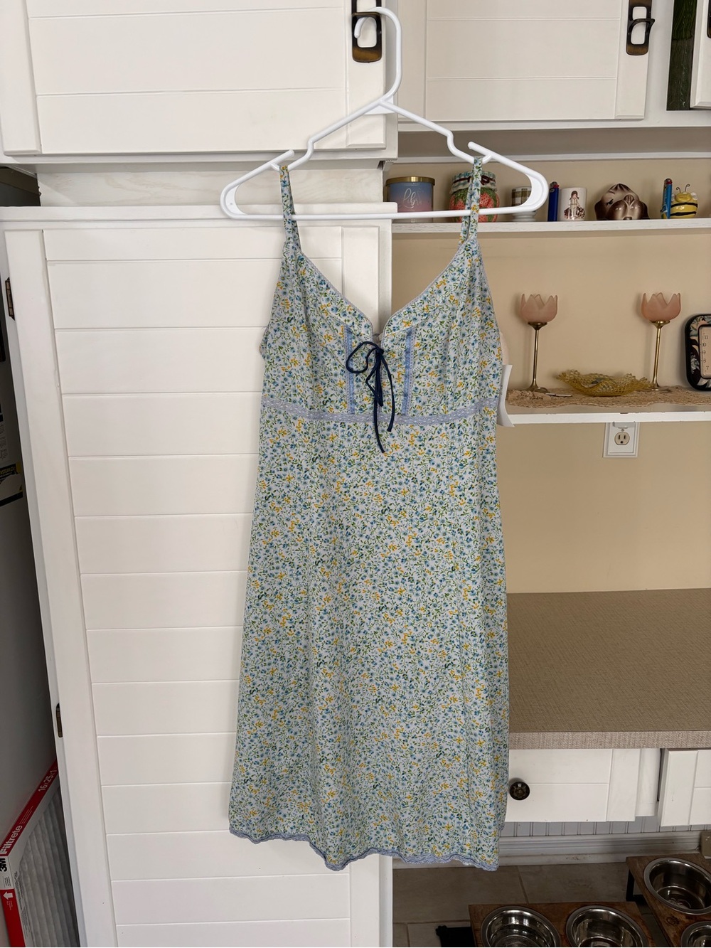 Vintage Blue & yellow floral mini dress with tie front detail